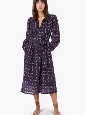 Xirena Rylei Cotton Silk Tie Neck Blouse Navy Rouge Floral Star Size S